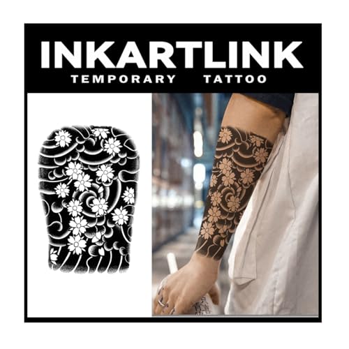 INKARTLINK Tattoo Tech,2 Sheets Extra-Large Semi Permanent Tattoo,Adult Art Design Temporary Tattoos, Lasts 1-2 Weeks, Waterproof, Realistic look,(Japanese Sakura Flower Arm Design）