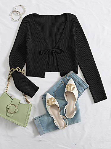 Image of Floerns Women's Tie Front Long Sleeve Rib Knit Shrug Sweaters Cardigan Crop Top