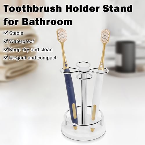 Image of Toothbrush Holder Stand for Bathroom, Metal Toothbrush Organizer with Marble Base, Toothbrush Storage Collection for Family, Suitable for Home Hotel Countertop Vanity (Small, Chrome Finish)
