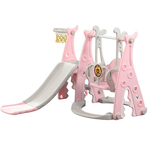 RUXINGGU 4 en 1 Juego de Columpio y Escalada para niños con aro de Baloncesto extraíble, tobogán Largo, Escalera de Escalada Individual, área de Juego para niños al Aire Libre e Interior(Pink)