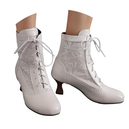 Generisch Botas de tacón medio para mujer, estilo victoriano, vintage, Lolita, con cordones, mediados de pantorrilla, lindas botas de entretiempo para caballero, zapatos casuales, tacón bajo, botas