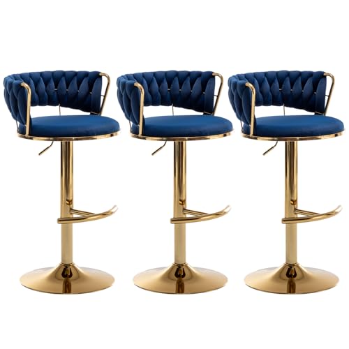 Riknuxi Velvet Bar Stools Set of 3 Counter Height Barstools with Low Back Gold Swivel Bar Stool for Kitchen Island Pub (Blue)