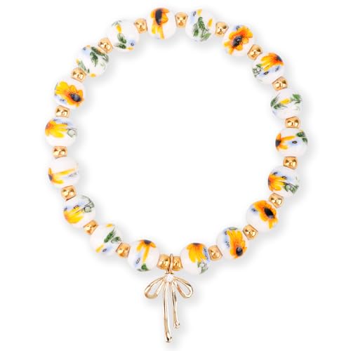 Sunflower Beaded Bow Charm Bracelet, Delicate Vintage Floral Bracelet Handmade Yellow Sunflower Porcelain Beads Wrist Jewelry for Women Romantic Jewelry Gift