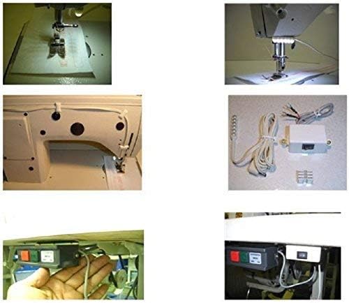 Collage showing various parts of the sewing machine, including the knee lift mechanism and LED light.