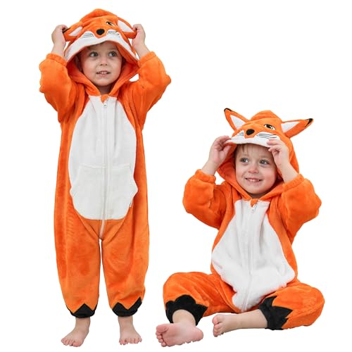 LOLANTA Boys' Girls' Hooded Romper Jumpsuit Flannel Zipper Animal Onesie