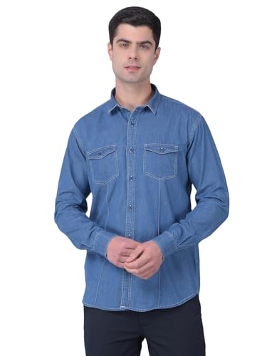 Image of COBB Solid Denim Blue Slim Fit Casual Shirt