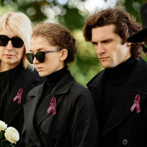 WANDIC 100pcs Burgundy Ribbon Pins Multiple Myeloma Awareness Badges Sickle Cell Anemia Brooch Memorial Ribbon Badges in Forever in Our Hearts for Funeral Mourning Event Bereavement Remembrance - Image 4