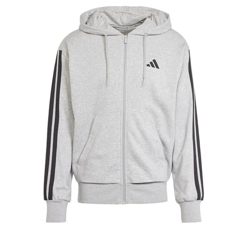 Adidas Uomo Essential Three Stripes French Terry Fullzip Hoodie, Medium Grey Heather/Black, L