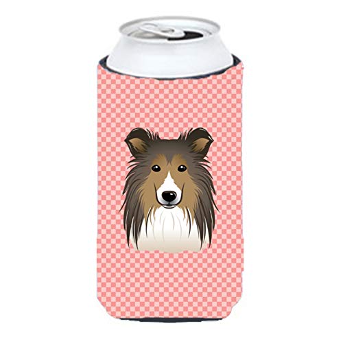Caroline's Treasures BB1242TBC Checkerboard Pink Sheltie Tall Boy Hugger Can Cooler Sleeve Hugger Machine Washable Drink Sleeve Hugger Collapsible Insulator Beverage Insulated Holder