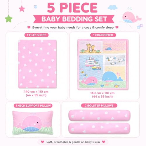 Image of Baby 5 pcs. Bedding Set | Reversible Comforter Blanket & Bedsheet Set for (0-5 Years) | Baby Crib Bedding Set (Pink)