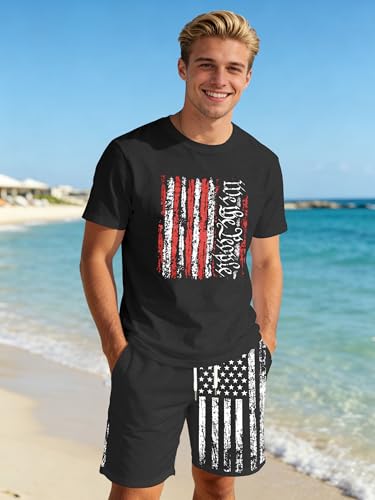 Image of Ithalt Patriotic Shirts for Men 4th of July Outfit 2 Piece Set Short Sleeve and Shorts American Flag 250th Anniversary