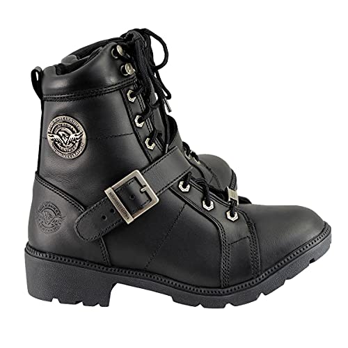 Milwaukee Leather MBL9325 Bota feminina premium preta de couro clássico com cadarço e zíper lateral