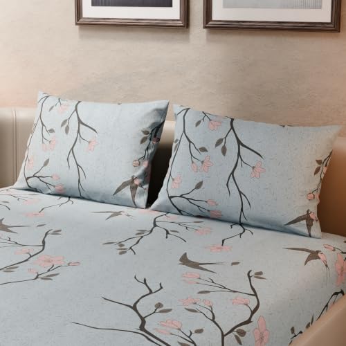Image of BLISSHOME SoftTouch 140TC Cotton King Size Fitted Bedsheet with 2 Pillow Covers, Silky Smooth Bedding Set, Breathable, Easy Maintain, Floral Print - Grey, Pink (182cm x 198cm x 25cm Drop)