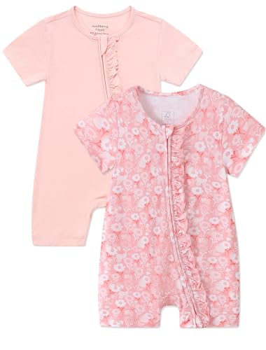JunNeng 2Pcs Baby Girl Viscose from Bamboo Sleeper, 2 Way Zipper Romper, Short Sleeve One Piece Pink+Flower 6-12 Months