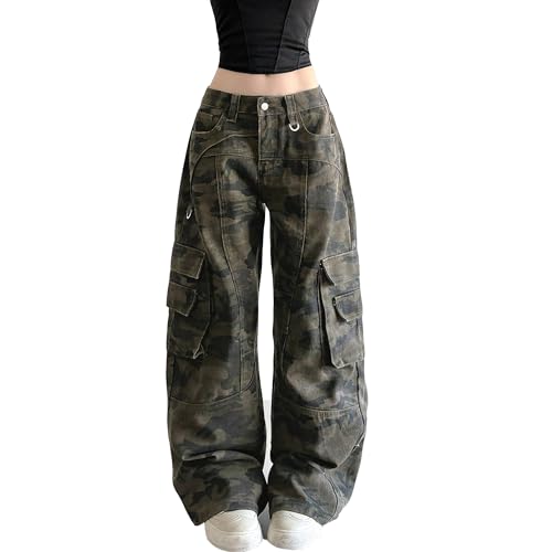 MEINVQIAOTI Streetwear Big Pockets Camo Women's Cargo Jeans Baggy Jogger