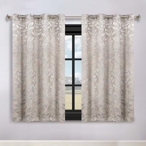 SUPERIOR Semi Blackout Curtains - Modern Leaves - 42" x 63" - Grommet Header - Thermal Insulated, Sun Blocking & Room Darkening Drapes for Bedroom, Living Room - Set of 2 Panels - Ivory