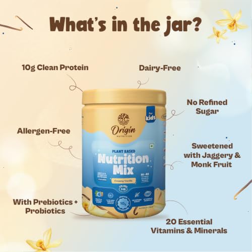 Image of Origin Kids Nutrition Mix | Ages 7-12 | 10g Plant Protein | Eye Health, Immunity & Height Growth | Creamy Vanilla, 339g | Zero Refined Sugar | Plant-Based