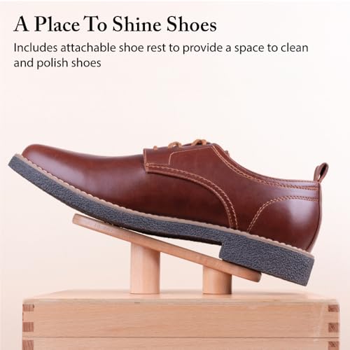 FootFitter Beech Wood Valet Box, Premium Shoe Shine Organizer with Classic Storage for Polish, Brushes, Cloths & Tools (Shoe Care Tools Not Included)