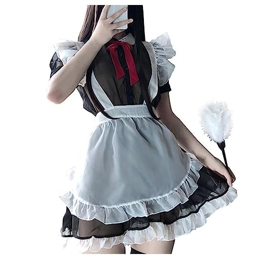SNOMYRS Vestido de criada japonesa Anime Delantal Sweet Lolita Vestido de volantes Cosplay Sexy Malla Mucama Traje de gato Lencería