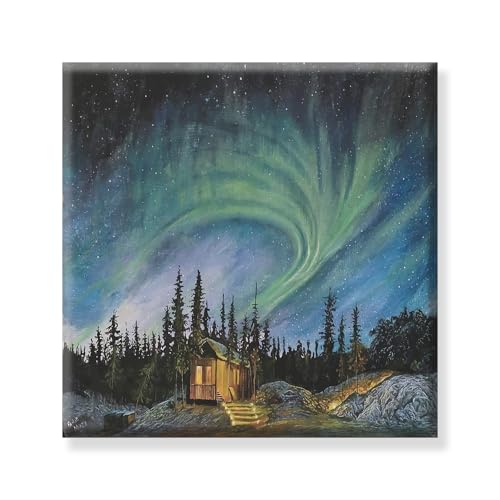 Image of Exsha Aurora Borealis Art Print|Northern Lights Forest Square Canvas Wall Painting|Nature Painting for Wall Decoration|Paintings for Living Room, Bedroom, Office|24x24 Inch|Exquisite Home Decor Gift