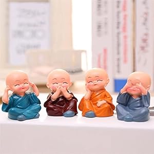 HC VILLA Little Baby Monk - Set of 4 Monk Set Cartoon Little Monk Set, Home Decor, Car Dashboard Ornament Toy Home Gift Decorative Showpiece,Resin
