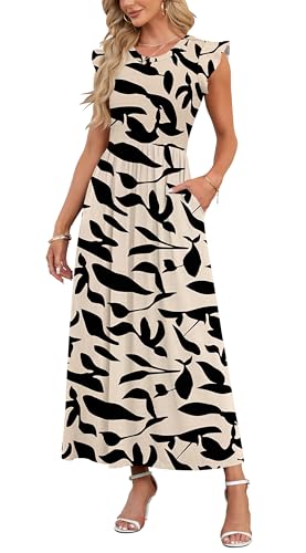 AUSELILY Damen Sommer Rundhalsausschnitt Maxi Kleid mit Taschen Kurzarm und Rüschen Lässiges Hohe Taille Langes Lockeres Bodenlanger Rock Aprikosenschwarz Blätter Alle L 1