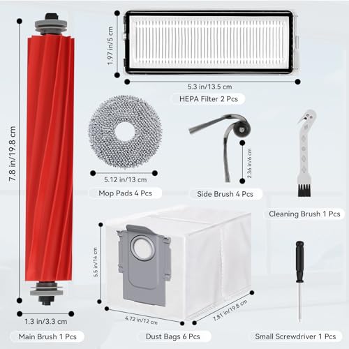 Zubehör Ersatz für Roborock QV 35A / QV 35S / QR 598 / QR 798 Saugroboter – 1 Hauptbürste,6 Staubbeutel,4 Seitenbürsten, 2 HEPA Filter, 4 Wischtücher, 1 Reinigungsbürste