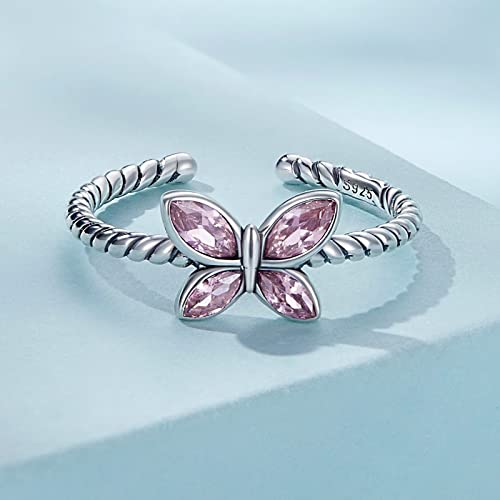 Qings Butterfly Adjustable Ring 925 Sterling Silver Open Animal Rings Stackable Statement Ring Pink Cubic Zirconia Twisted Rope Ring Butterfly Jewelry Birthday Gifts For Women Teen Girls #TOP2