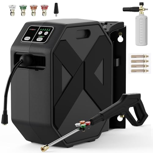 QIOMALA Wall Mounted PowerWasher 100FT Retractable Hose Foam Cannon & 5 Quick Connect Nozzles