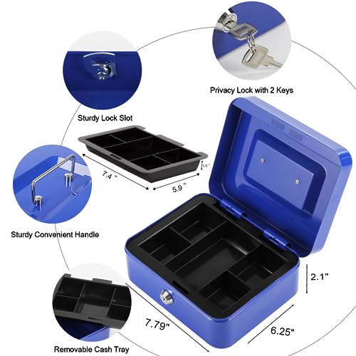 Sgorlds Medium Locking Cash Box with Removable Coin Tray,Portable Safe Metal Money Box with Key Lock,Petty Small Money Organizer for Cash with Double Layer & 2 Keys, 7.87\"x 6.30\"x 3.54\", Blue