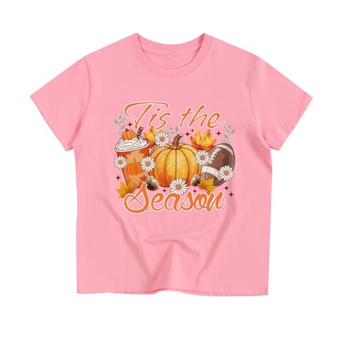 Thanksgiving Tshirts for Girl Fall Turkey Pumpkin Bow Shirt Cotton Short Sleeve Tees 2-12 Years