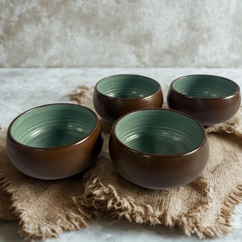 Image of Freakway Handcrafted Ceramic Serving Bowls - Set of 4 | Dual Tone (Brown & Teal) | 150 ml Each | Microwave & Dishwasher Safe