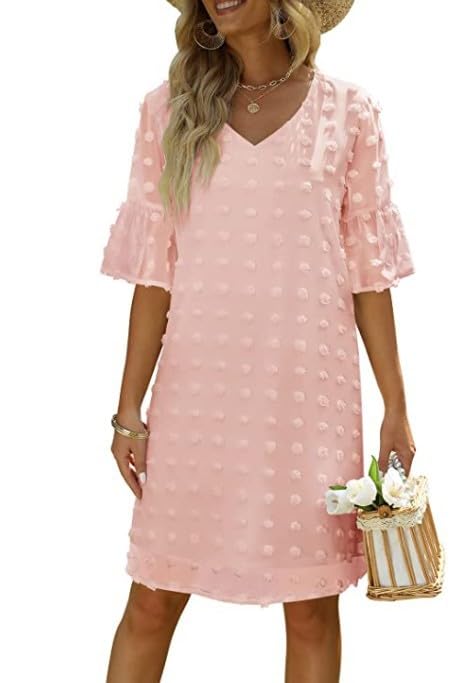 Minivestido de gasa con cuello en V y manga corta para mujer, vestido corto de verano con lunares suizos
