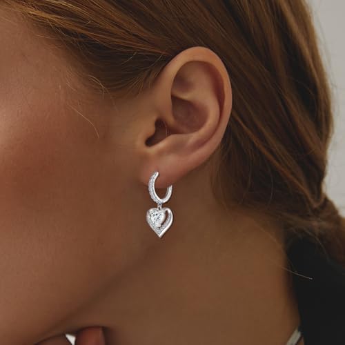 Heart Dangle Hoop Earrings for Women - Sterling Silver Cubic Zirconia Double Love Heart Shaped Hoop Charm Earrings Hypoallergenic Nickel Free Sparkle CZ Loop Dangling Earring Classic Jewelry Gifts4