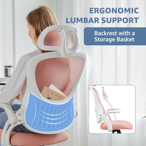 Image of DUMOS Ergonomic Office Chair - High Back Mesh Computer Chair with Lumbar Support, Headrest, Flip-up Arms, and Swivel Wheels - Comfortable Gaming & Desk Chair for Home Bedroom Office,Pink