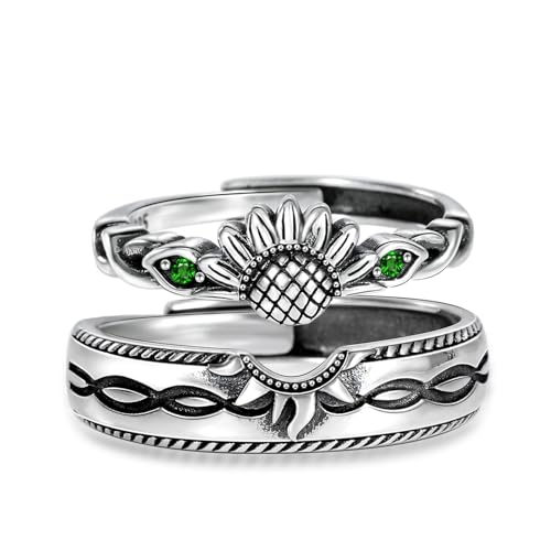 Promise Ring for Couples Wedding Engagement Band Emerald Sunflower Matching Rings Him and Her Sterling Silver Adjustable Couple Jewelry
