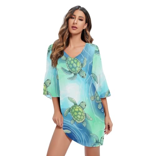 Robe col en V aquarelle tortues de mer coupe fluide anti-complexes