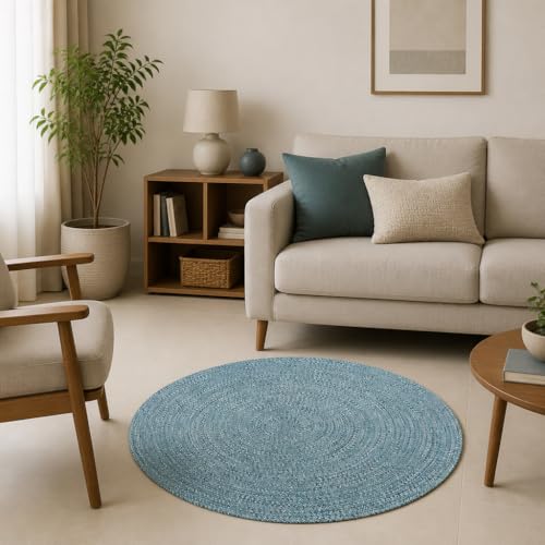 Image of Handmade Cotton Braided 3x3 feet Throw Rug - Washable, Low Pile Reversible Floor Mat for Bedroom, Kitchen, Entryway & Living Room - Eco-Friendly Woven Carpet - (Multi Green, Round)