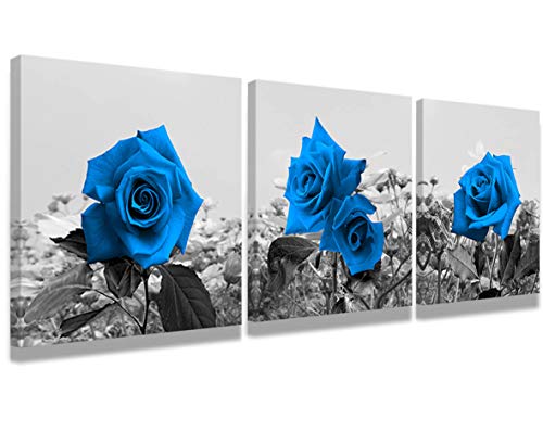 Modern wall art painting bedroom decor blue rose landscape picture printed on canvas - Giclee artist home decor art wall decoration and office decoration 3 panel stretch and frame ready to hang
