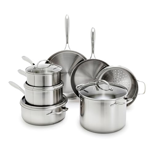 GreenPan-Stainless-Steel-Cookware-Set-11-Piece-Induction-Cookware-Dishwasher-Safe-Oven-Safe-to-600F-Large-8QT-Stock-Pot-Sauce-Saute-Frying-Pans-Pots-Pans-Kitchen-Essentials-Silver GreenPan Stainless Steel Cookware Set, 11 Piece, Induction Cookware, Dishwasher Safe, Oven Safe to 600F, Large 8QT Stock Pot, Sauce, Saute, Frying Pans, Pots & Pans Kitchen Essentials, Silver - Image 1