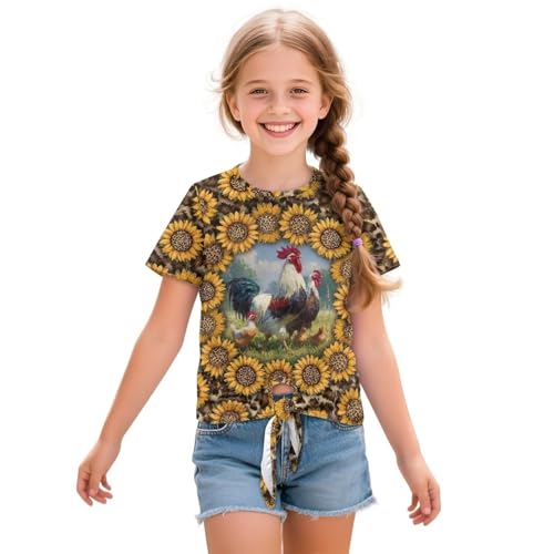 Viewamoon Sunflower Chicken Short Sleeve Twist Knot T Shirt for Girls 11-12 Leopard Tee Shirt Blouses for Kids Casual Crewneck Shirts for Outdoor Vacation