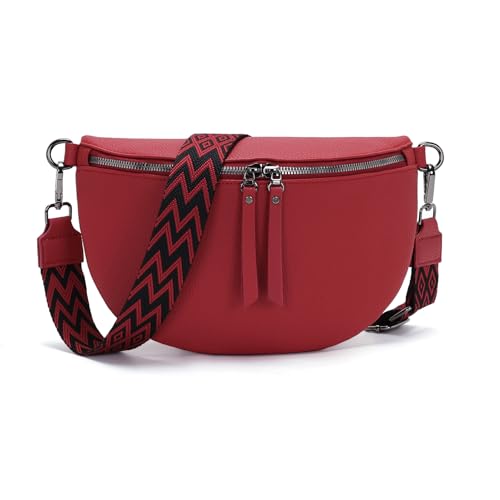 Vezluax 30x20cm Sac Banane Femme Grand Sac Bandoulière femme Sacs Bandouliere Cuir Vegan Sacoche Élégante Cadeau avec Sangle Large Rouge cerise