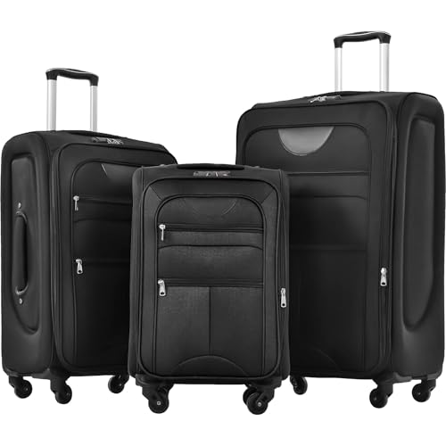 Lightweight Expandable 3 Piece Luggage Set with Spinner Wheels, TSA Lock, Organized Interior, Black Travel Suitcase Set