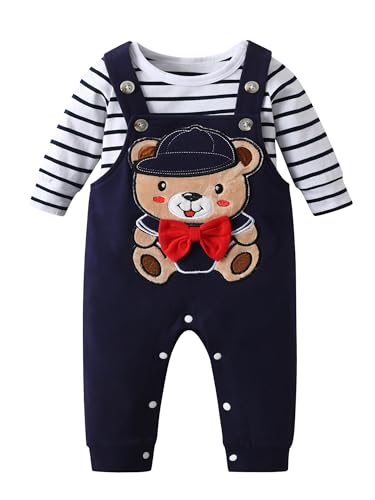 Derouetkia Baby Junge Kleidung Gestreifte Oberteile Tierdruck + Hosen Outfit Set, Blau, 6-9 Monate