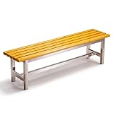 Wetterfeste rückenfreie Metallbank für den Außenbereich – robuster Massivholz-Lamellensitz & Edelstahlrahmen für Terrasse, Garten, Hof und Gewerbeflächen