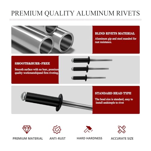 Image of 210Pcs Black 3 /16 Inches,1 /8 Inches Pop Rivets Assortment Kit, 8 Sizes Aluminum Rivets,Aluminum blind rivets for metal Dome Head rivet kit