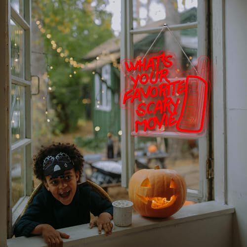 Image of What's Your Favorite Scary Movie Neon Sign Wall Light for Halloween Decor | 12.6in*12.6in,Adjustable brightness (5 levels),Powered by USB port,Applicable to Halloween,Bar,Club,Party,Night,Movie theater
