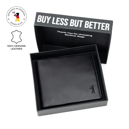 Image of BERLINER BAGS Slim Genuine Leather Mens Wallet Lincoln, Gift Box - Black | Front Pocket Bifold Wallet, 8 Card Slots, 2 Slip-in Pockets, 2 Bill Compartments, RFID Blocking