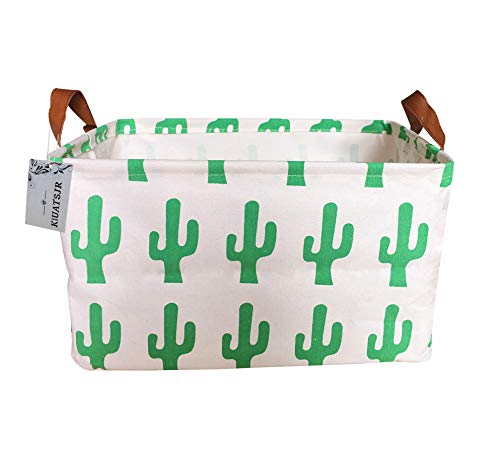 Image of Rectangle Storage Basket Cute Canvas Organizer Bin for Pet /Children Toys, Books, Clothes Perfect for Rooms /Playroom (Grren Cactus)