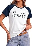 Terecey Camiseta Mujer Verano Manga Corta Top Ligero con Estampado de Sonrisa Cuello Redondo Manga Raglán Corte Entallado Camiseta Casual para Cintura Alta
